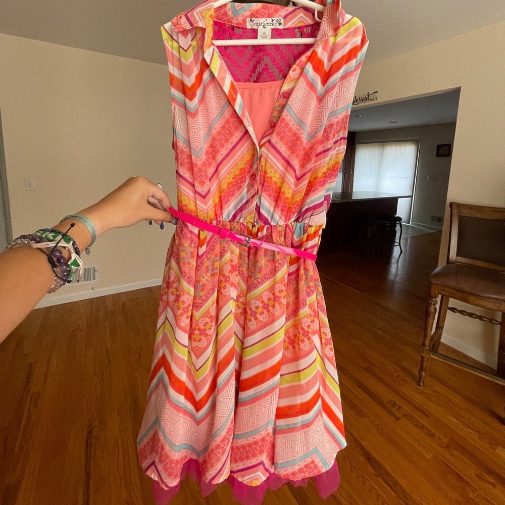 Collared Pink Dress with multi-colored pattern and Pink Belt Size 12